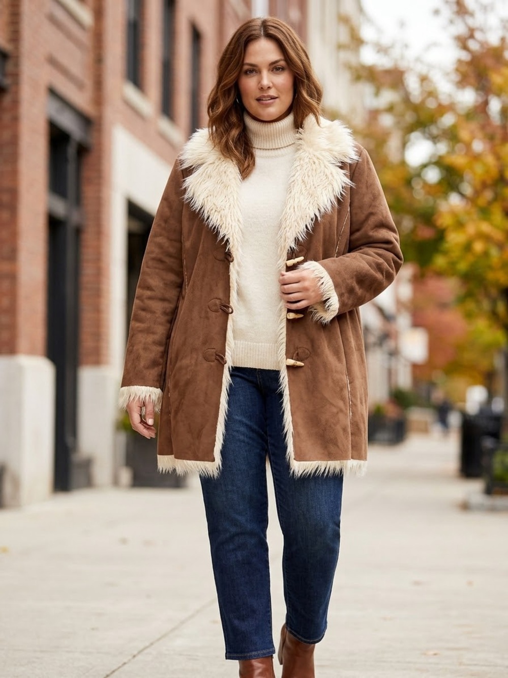 Style & Co Woman Plus Size 20W Brown Faux Suede Coat Faux Fur Toggle Y2K